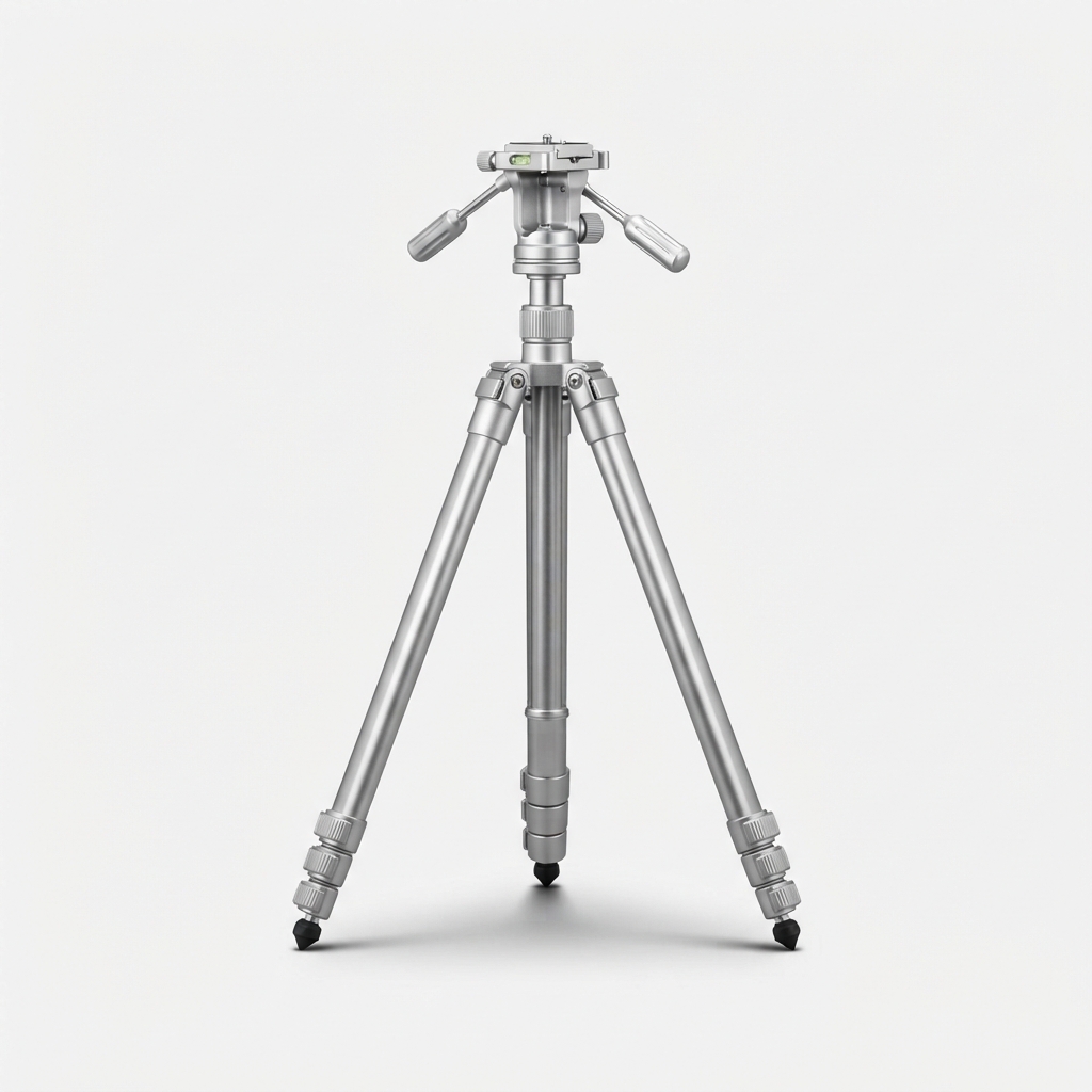 Aluminum camera tripod stand centered on seamless background